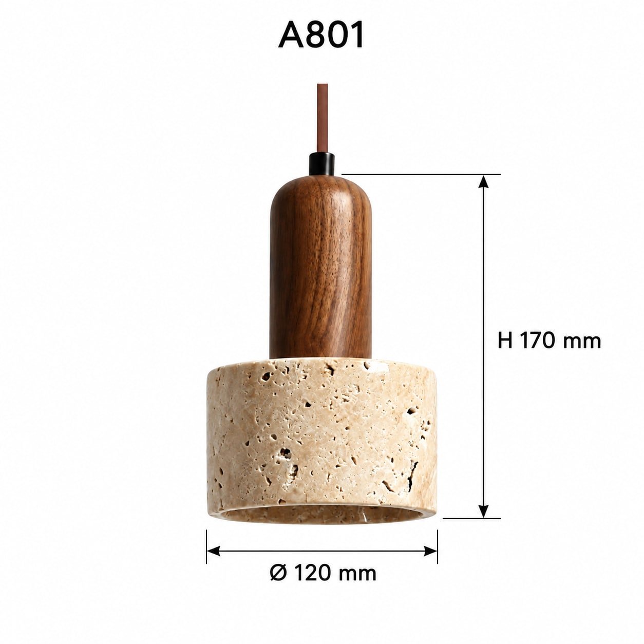 A801 Travertine Wood Core Pendant Light dimension drawing: 12 cm diameter × 17 cm height