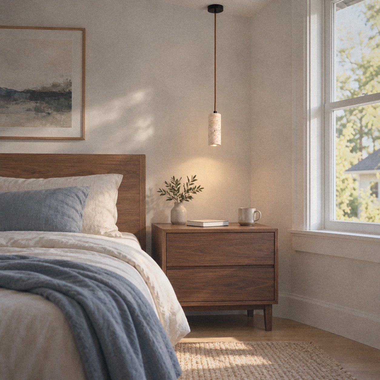A809 Travertine Capsule Pendant Light beside a bed in a North American home