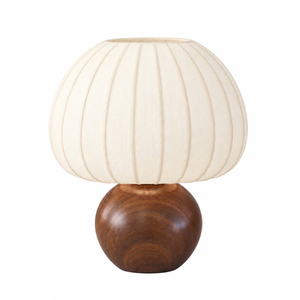 THT40354A-1A Ceramic & Faux Silk Table Lamp with a walnut-tone ceramic base and ribbed shade, on a white background