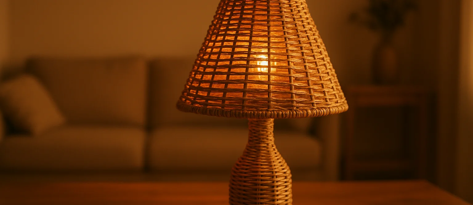 Warm light shining through a woven lamp shade — sample imagery
