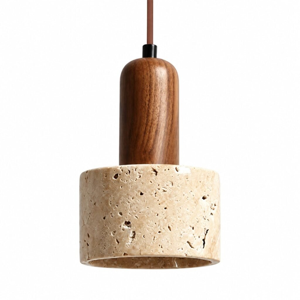 A801 Travertine Wood Core Pendant Light, a travertine cylinder with a wood-tone core, on a white background