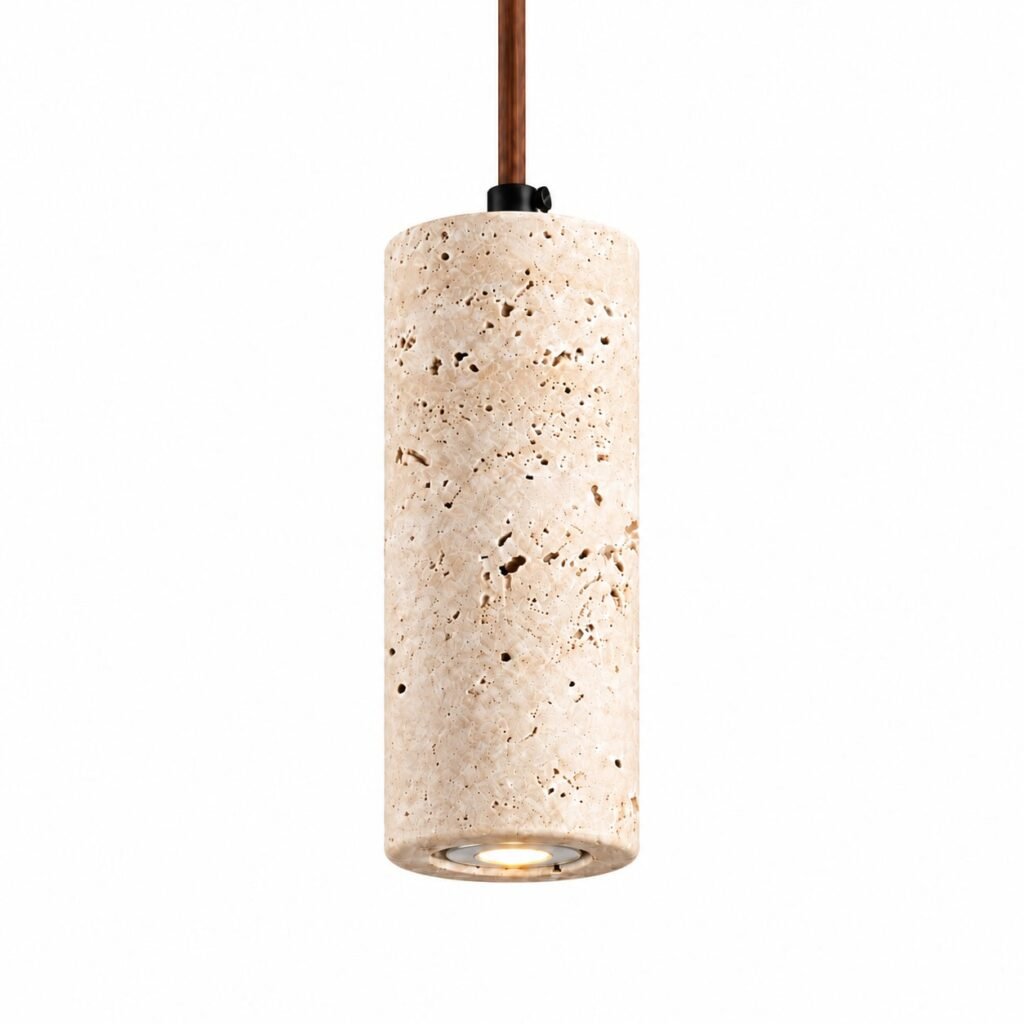 A809 Travertine Capsule Pendant Light, a slim natural stone pendant with a wood top, on a white background
