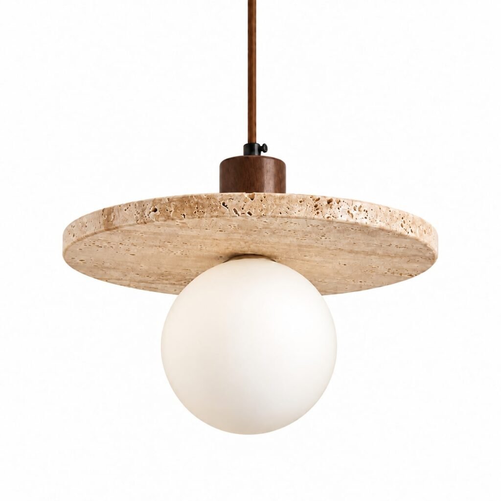 A823 Travertine Disc Pendant Light, a stone disc above a globe diffuser, on a white background