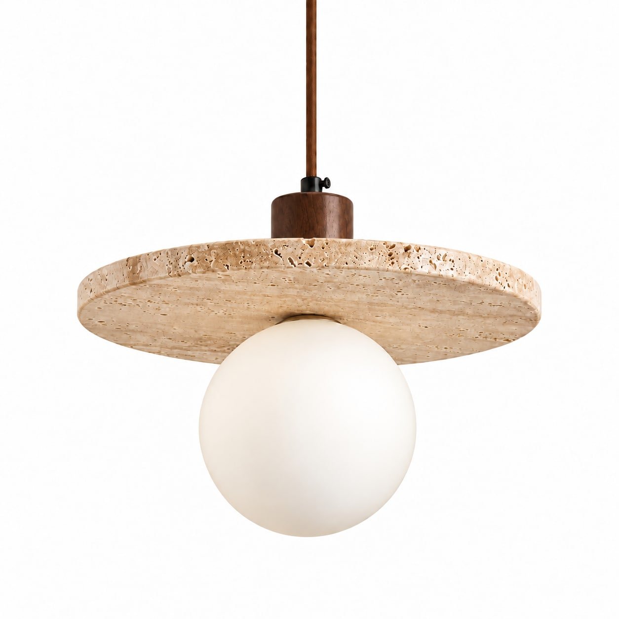 A823 Travertine Disc Pendant Light, a stone disc above a globe diffuser, on a white background