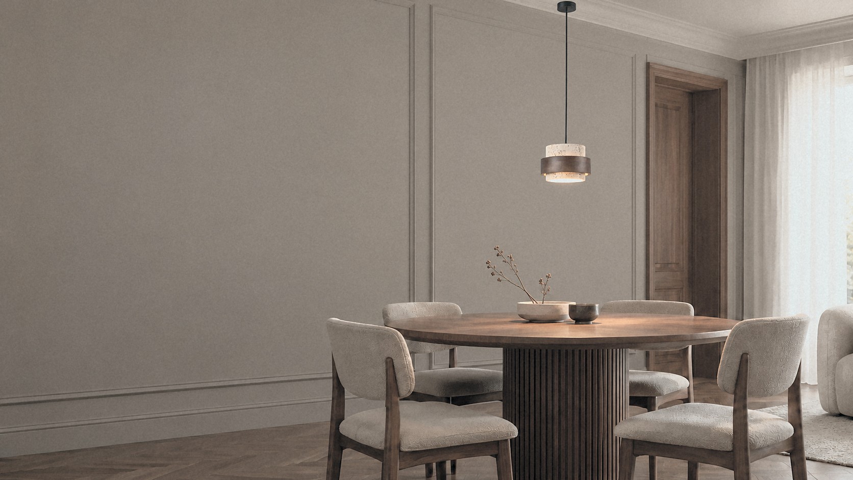 Panelled living and dining room with a travertine pendant over a walnut dining table