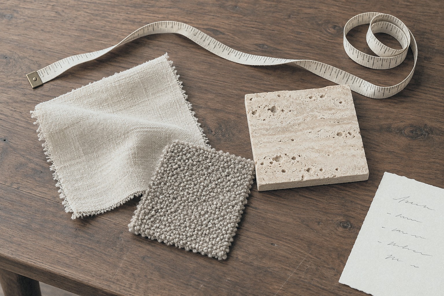 Materials, swatches and a tape measure laid out for choosing a light