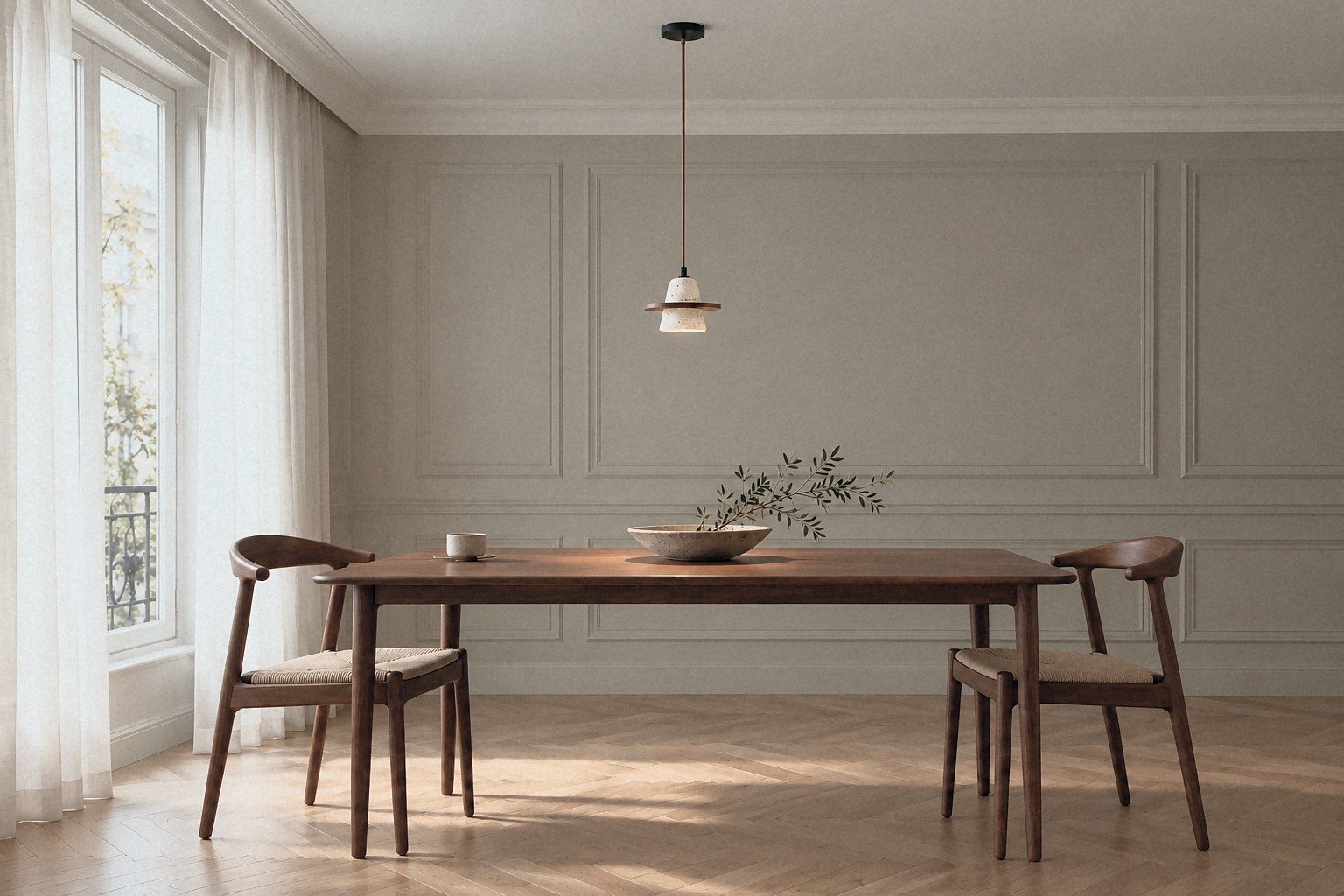 Pendant light hung at the right height above a dining table