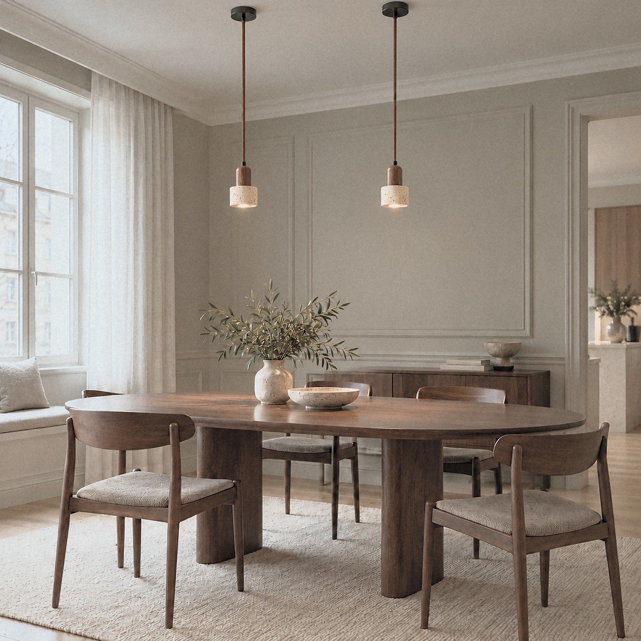 A801 Travertine Wood Core Pendant Light as a pair above an oval dining table with dark wood chairs