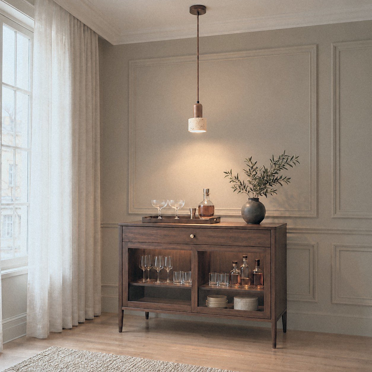 A801 stone pendant above a home bar cabinet with glassware on a tray