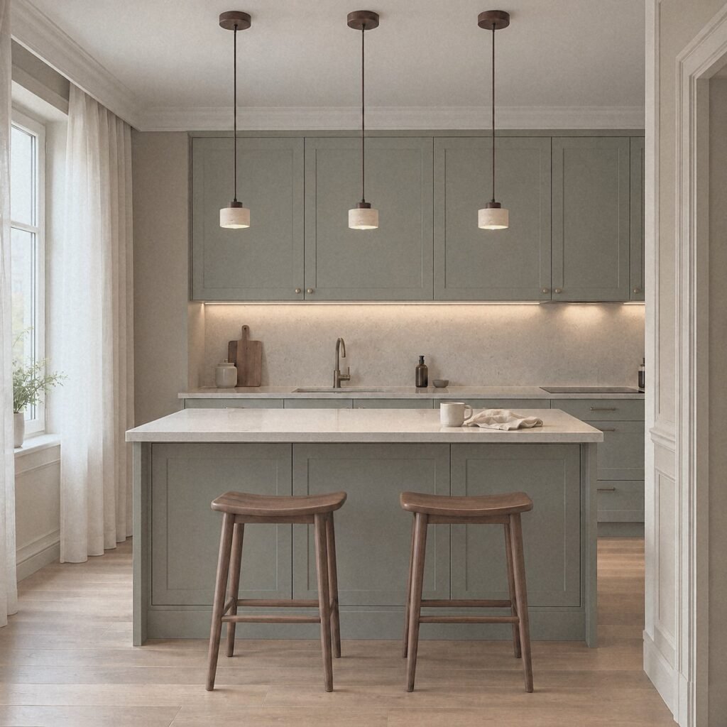 A802 Short Travertine Drum Pendant Light as a trio above a compact kitchen island in a city apartment