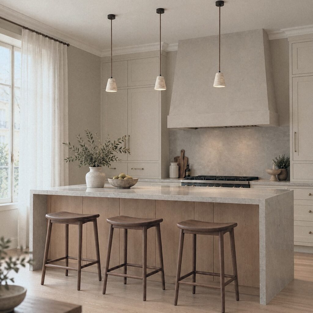 A804 Tapered Travertine Pendant Light as a trio above a kitchen island with a plaster range hood