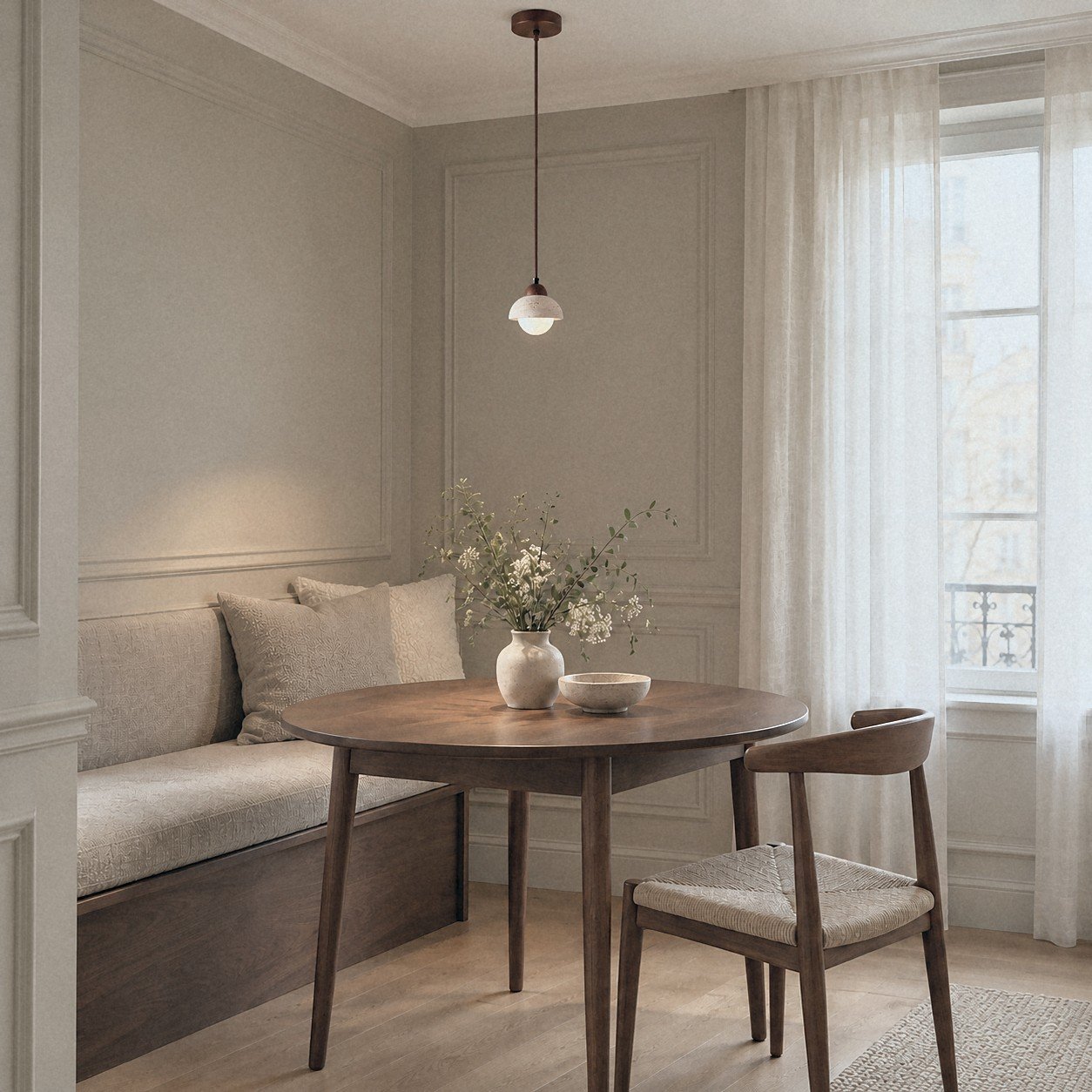 A805 Travertine Dome Pendant Light with Glass Globe in a styled residential interior