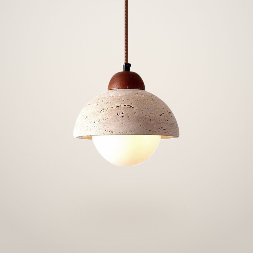 A805 Travertine Dome Pendant Light with Glass Globe shown on a light studio background