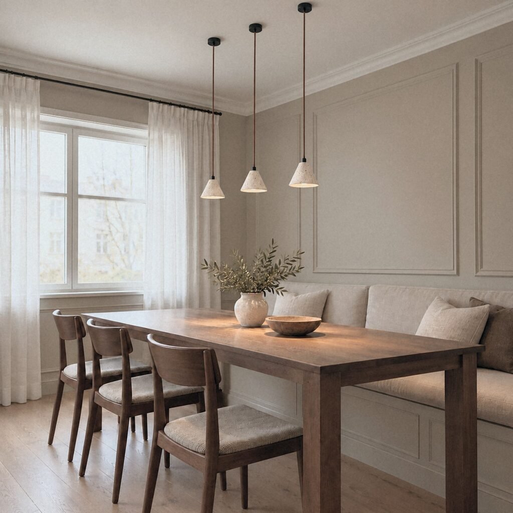 A806 Travertine Cone Pendant Light as a trio above a dining table with a built-in banquette