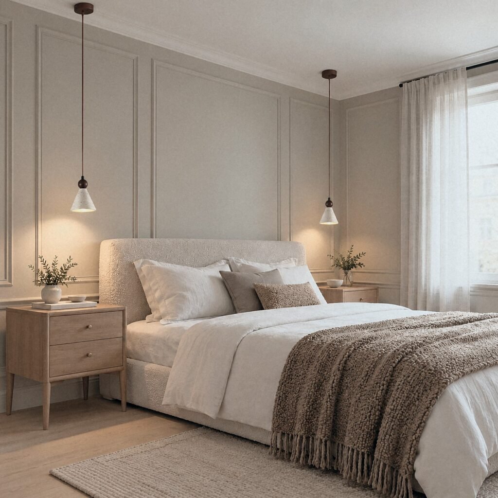 A807 Small Travertine Cone Pendant with Wood Bead as a pair beside an upholstered bed over light oak nightstands