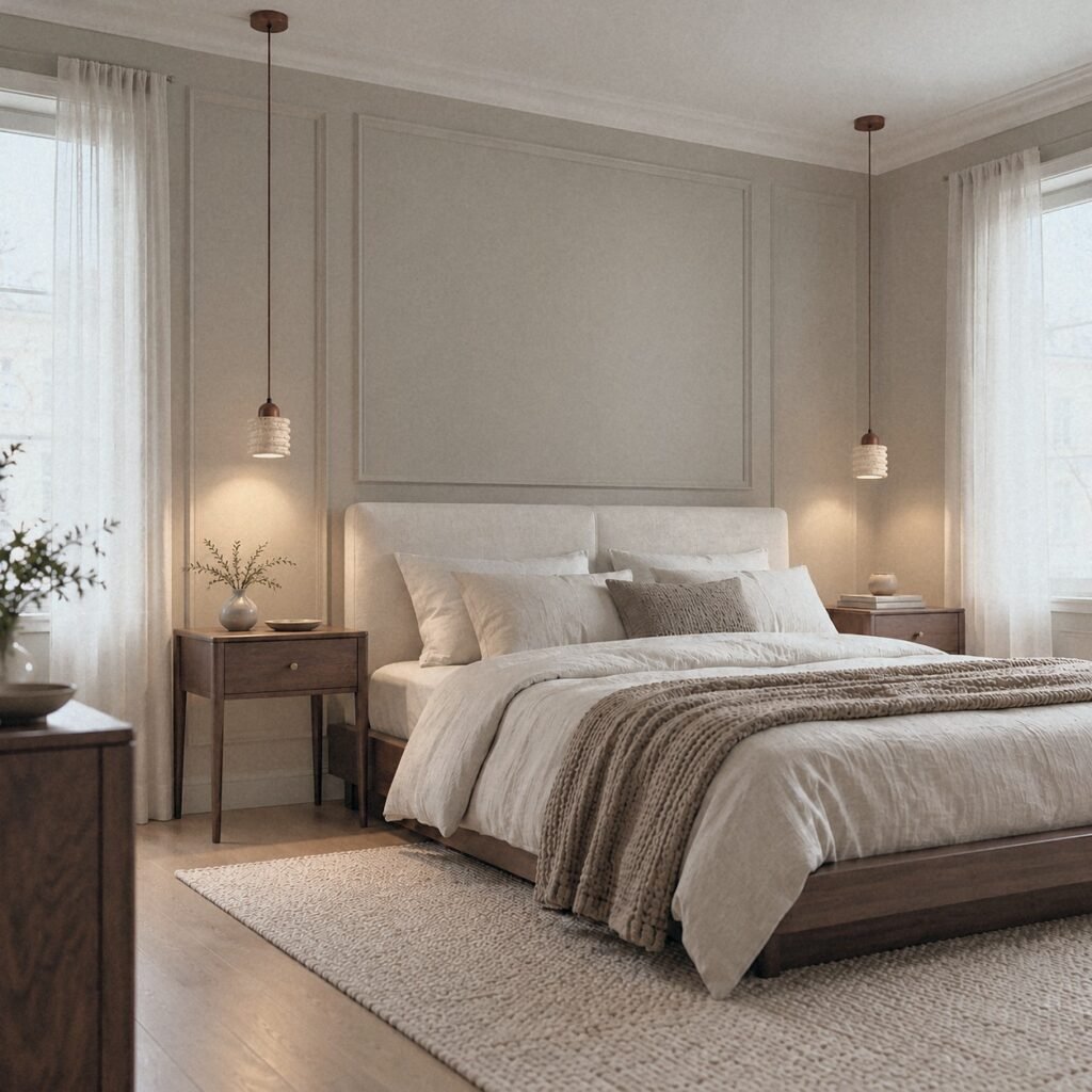 A808 Ribbed Travertine Pendant Light as a pair beside the bed over two walnut nightstands in a panelled bedroom