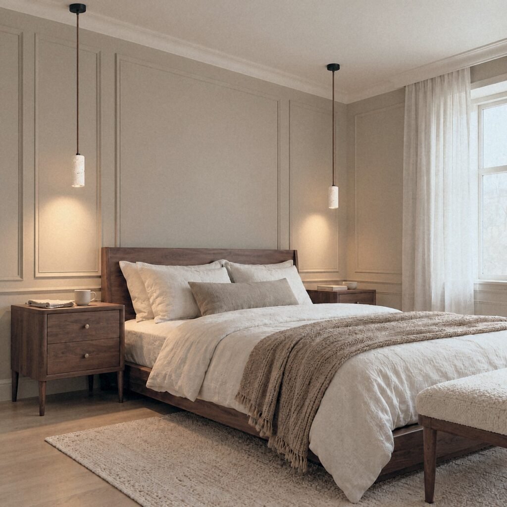 A809 Travertine Capsule Pendant Light as a pair beside a walnut bed in a warm panelled bedroom