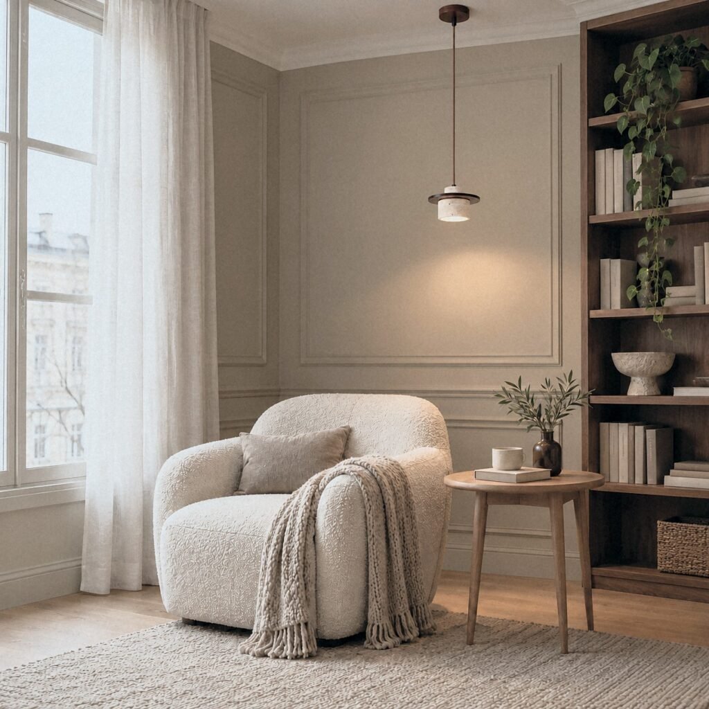 A810 Travertine Pendant Light with Wood Brim above a bouclé reading chair in a panelled living room corner