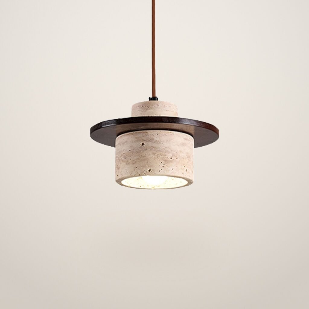 A810 Travertine Pendant Light with Wood Brim shown on a light studio background