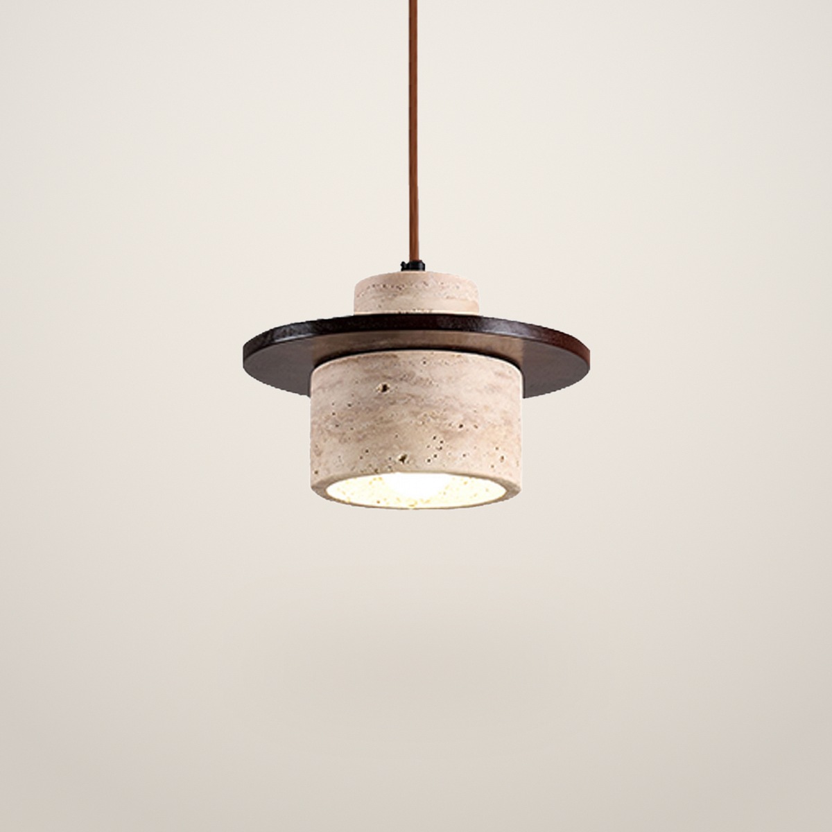 A810 Travertine Pendant Light with Wood Brim shown on a light studio background