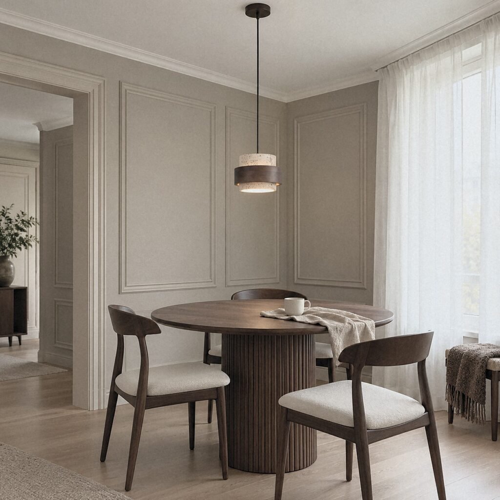 A811 Travertine Drum Pendant Light with Wood Band above a round fluted walnut dining table in a panelled dining room