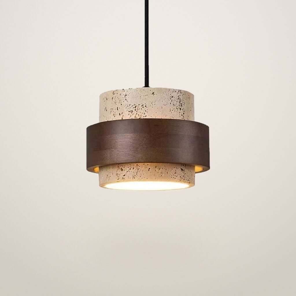 A811 Travertine Drum Pendant Light with Wood Band shown on a light studio background