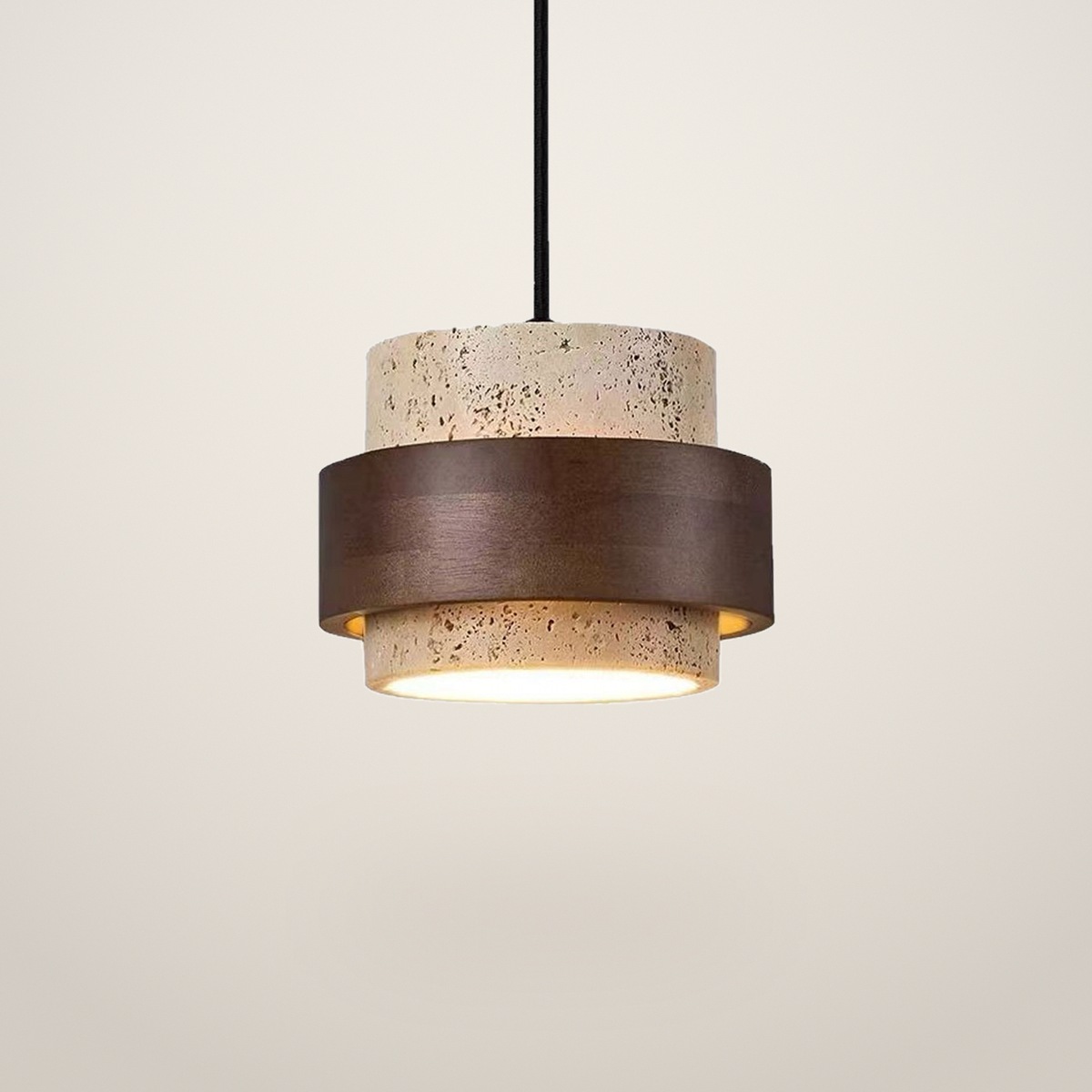 A811 Travertine Drum Pendant Light with Wood Band shown on a light studio background