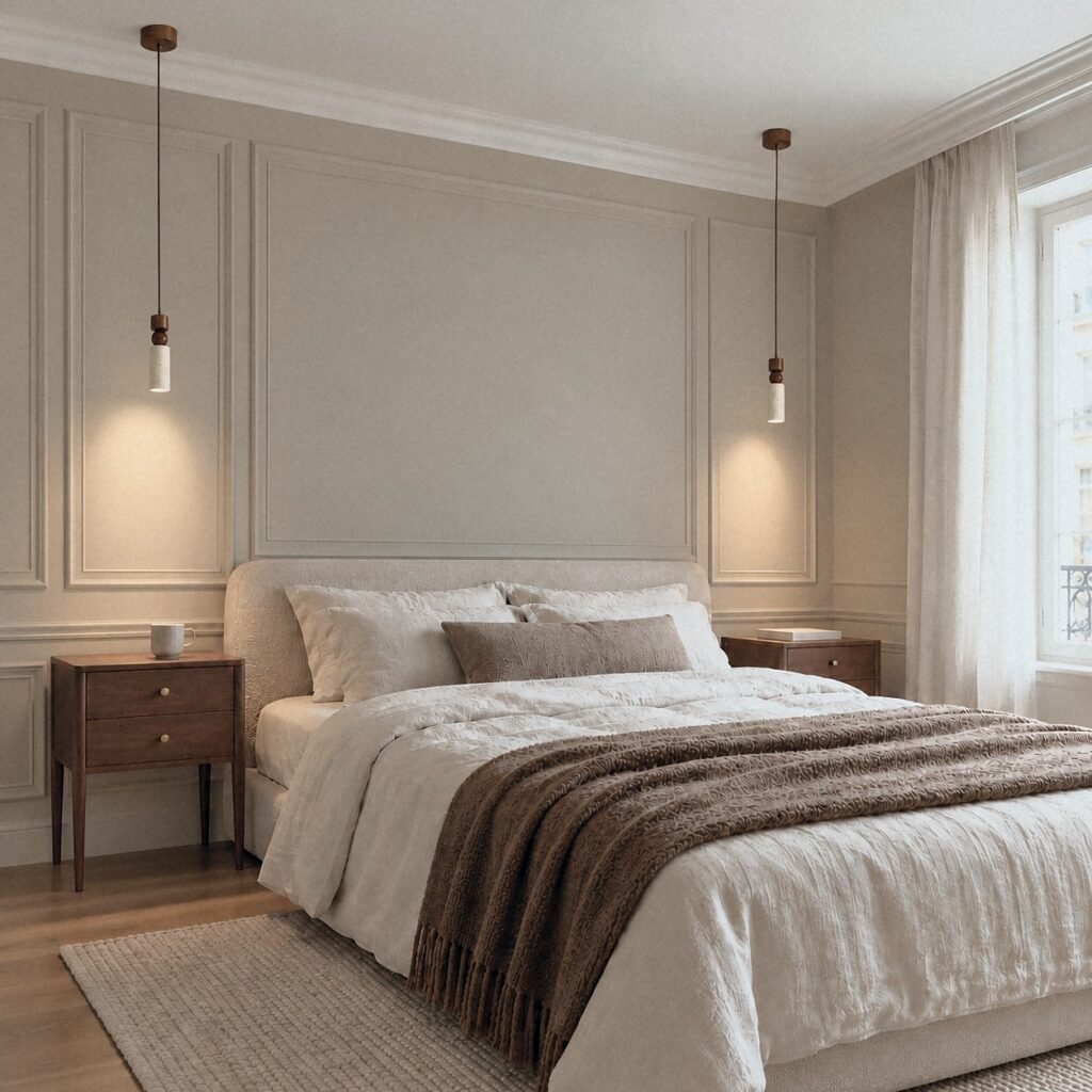 A812 Slim Travertine Pendant Light with Wood Beads as a pair beside the bed in a panelled bedroom with linen bedding