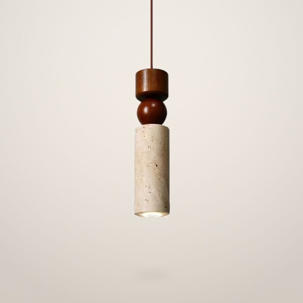 A812 Slim Travertine Pendant Light with Wood Beads shown on a light studio background