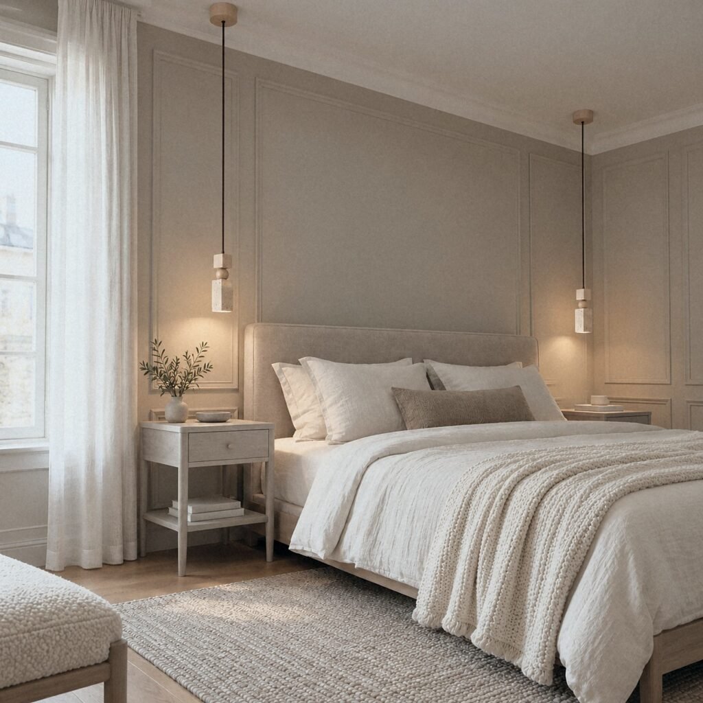 A813 Square Travertine Bedside Pendant Light as a pair beside a linen headboard over light oak nightstands