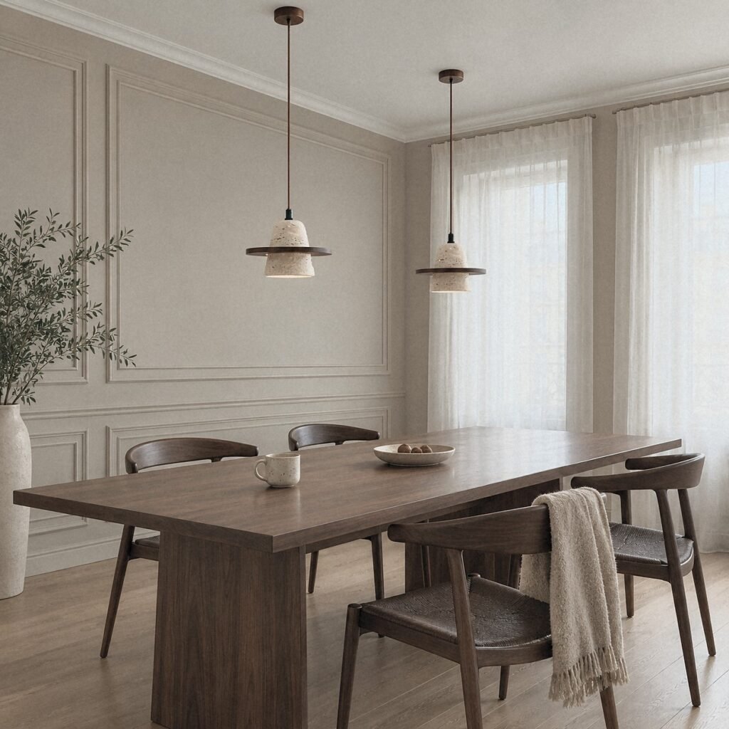 A817 Travertine Bell Pendant Light with Wood Disc as a pair above a long walnut dining table in a panelled dining room
