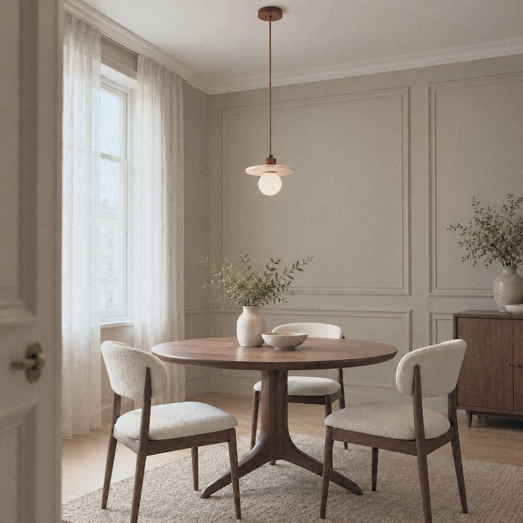 A823 Travertine Disc Pendant Light above a small round dining table in a panelled dining corner