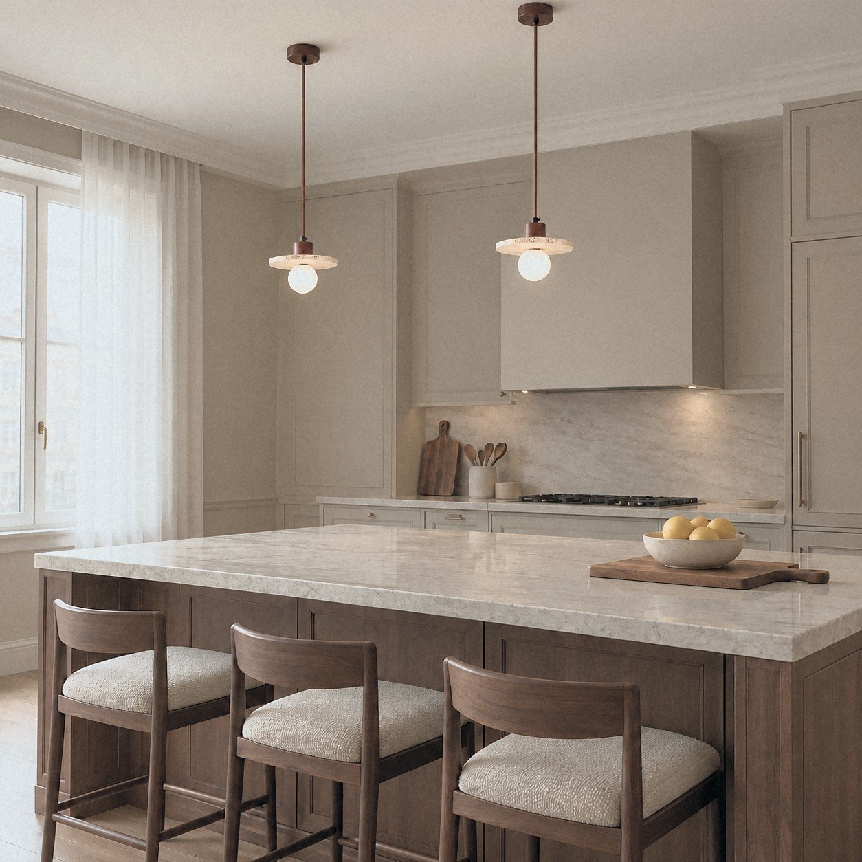 A823 stone pendant as a pair above a kitchen island in a calm open-plan kitchen
