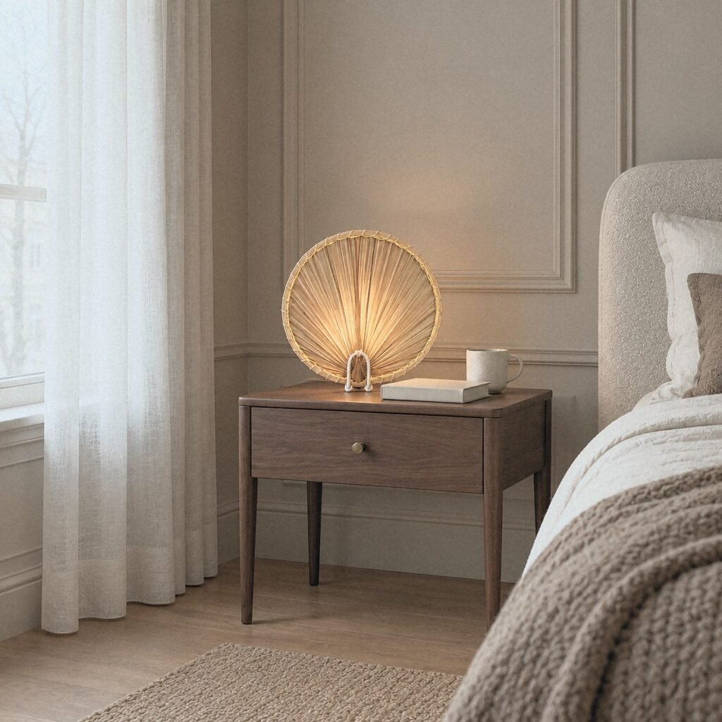 HX1316 Palm Fan Woven Table Lamp on a walnut nightstand beside the bed