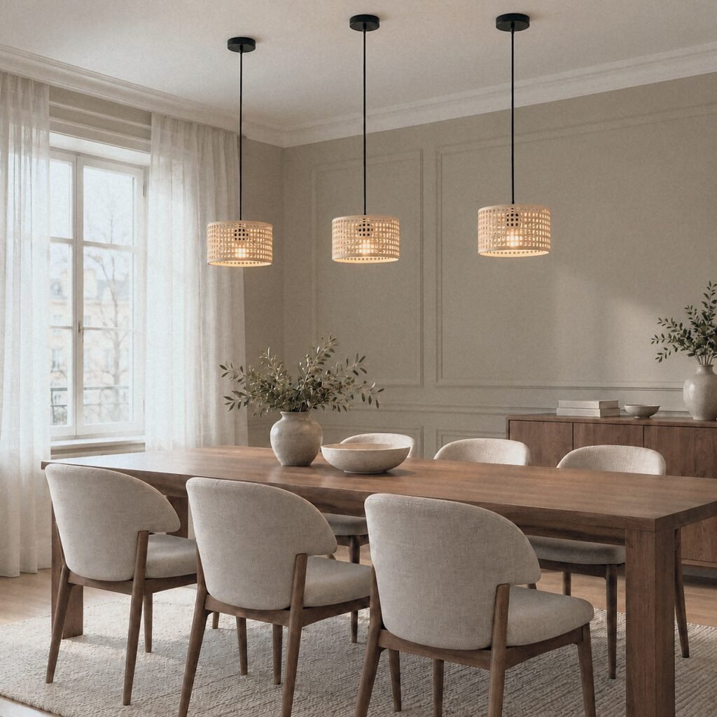 HX2652 Grid Weave Cylinder Pendant Light as a trio above a long dining table with linen dining chairs