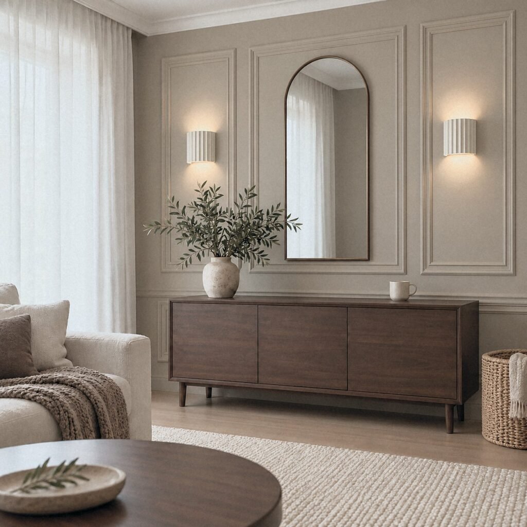 SH501 Ribbed Resin Wall Light as a pair on either side of an arched mirror above a walnut sideboard