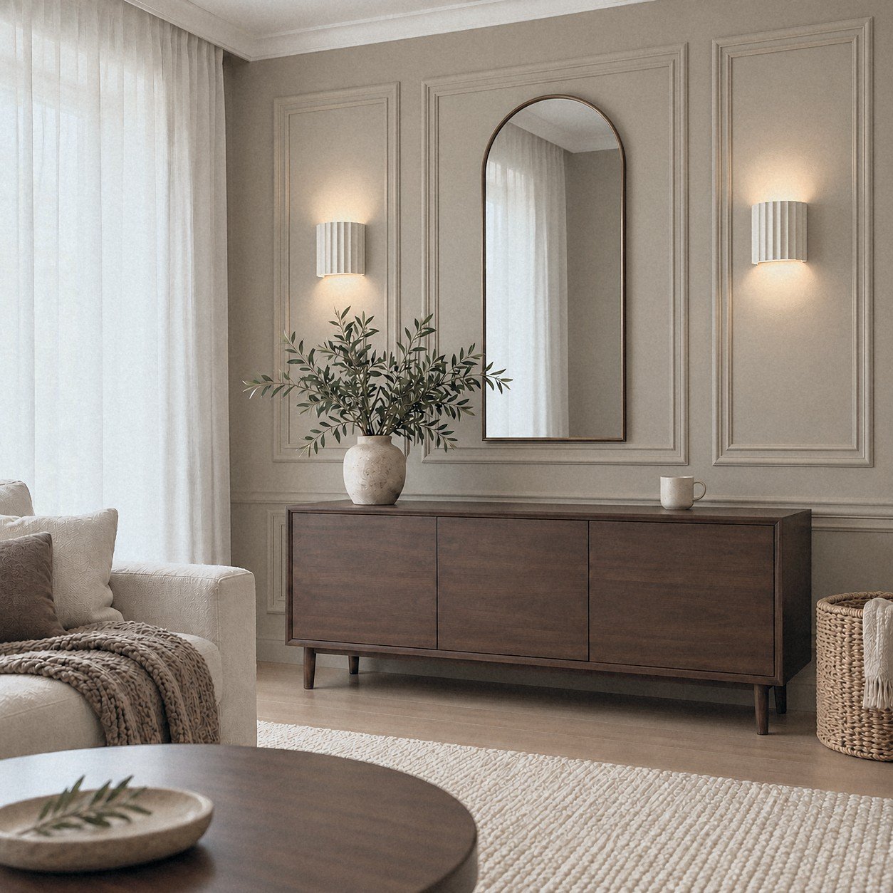 SH501 Ribbed Resin Wall Light as a pair on either side of an arched mirror above a walnut sideboard