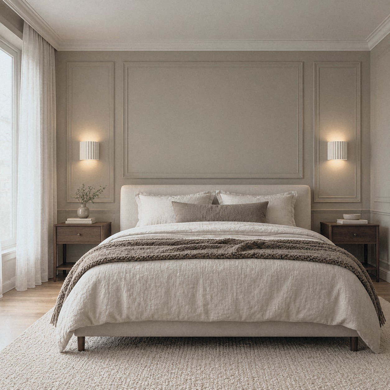 SH501 wall light as a pair on either side of the bed in a panelled bedroom