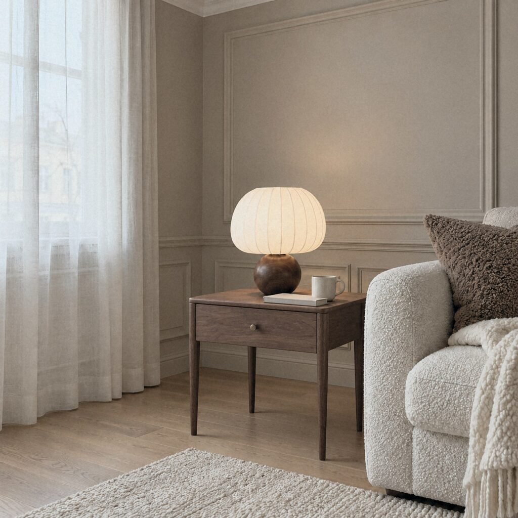 THT40354A-1A Ceramic & Faux Silk Table Lamp on a walnut side table beside a bouclé sofa